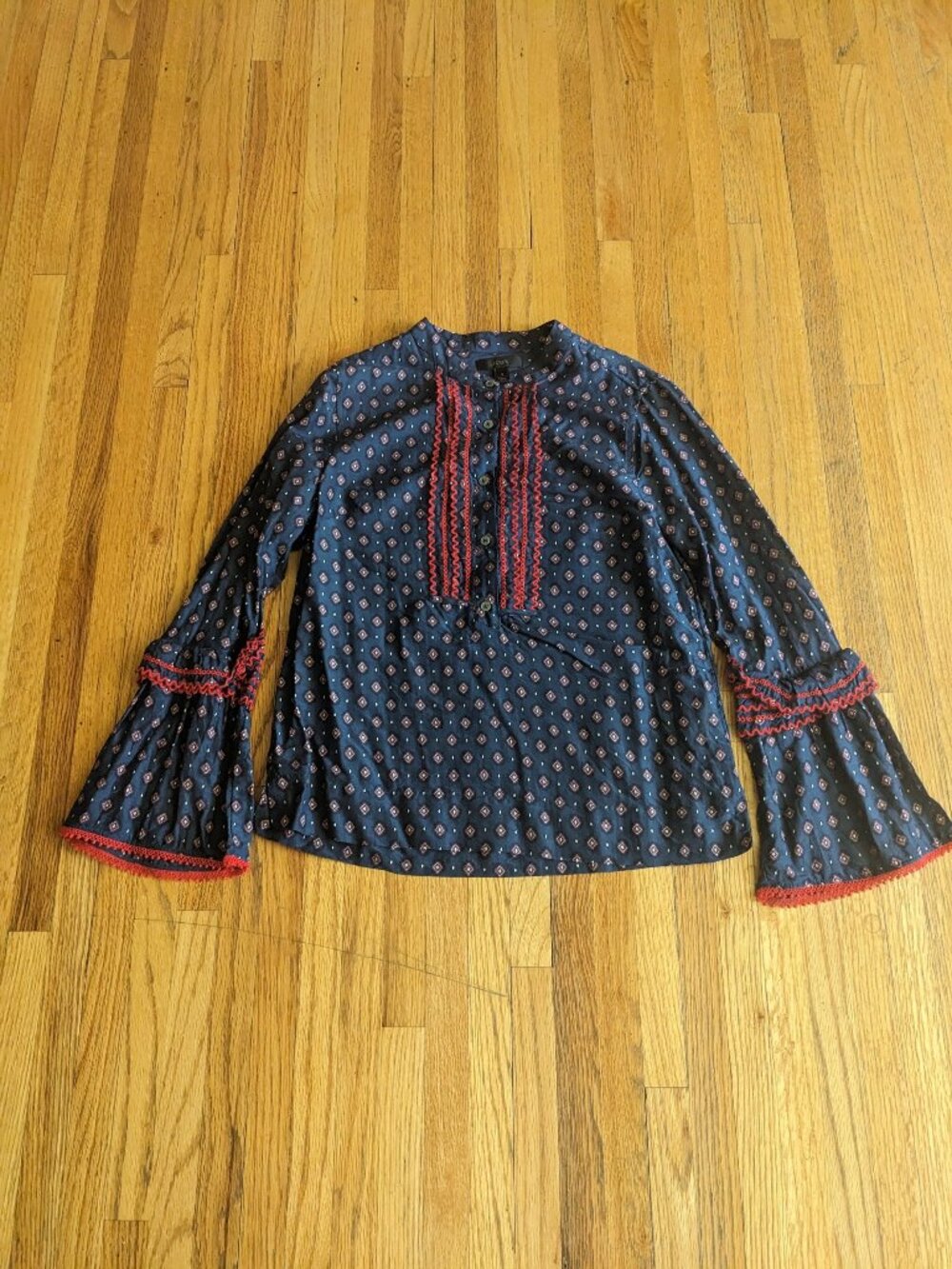 J. Crew indigo blue print blouse with embroidered bell sleeves